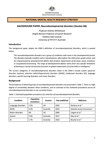 NATIONAL MENTAL HEALTH RESEARCH STRATEGY  BACKGROUND PAPER: Neurodevelopmental disorders (Session 6B)