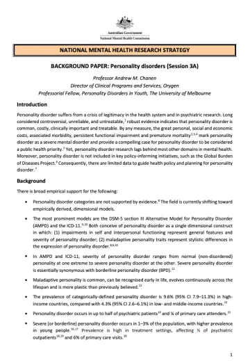 NATIONAL MENTAL HEALTH RESEARCH STRATEGY  BACKGROUND PAPER: Personality disorders (Session 3A)