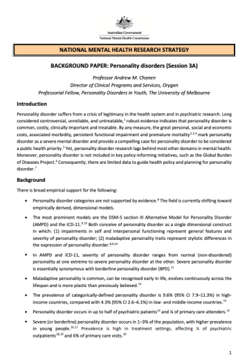 NATIONAL MENTAL HEALTH RESEARCH STRATEGY  BACKGROUND PAPER: Personality disorders (Session 3A)