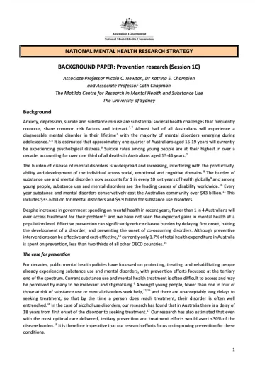 NATIONAL MENTAL HEALTH RESEARCH STRATEGY  BACKGROUND PAPER: Prevention research (Session 1C)