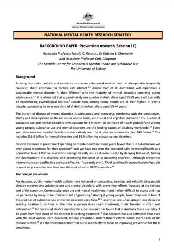 NATIONAL MENTAL HEALTH RESEARCH STRATEGY  BACKGROUND PAPER: Prevention research (Session 1C)