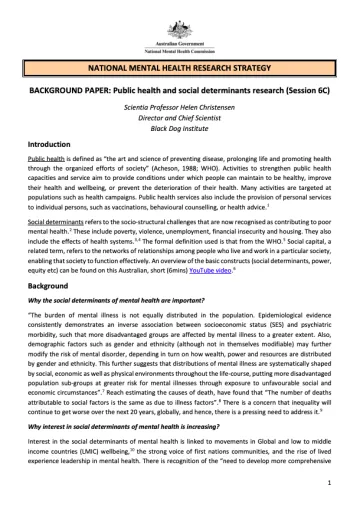 NATIONAL MENTAL HEALTH RESEARCH STRATEGY  BACKGROUND PAPER: Public health and social determinants research (Session 6C)