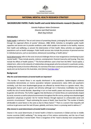 NATIONAL MENTAL HEALTH RESEARCH STRATEGY  BACKGROUND PAPER: Public health and social determinants research (Session 6C)