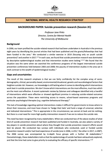 NATIONAL MENTAL HEALTH RESEARCH STRATEGY, BACKGROUND PAPER: Suicide prevention research (Session 2C)