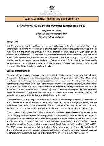 NATIONAL MENTAL HEALTH RESEARCH STRATEGY, BACKGROUND PAPER: Suicide prevention research (Session 2C)