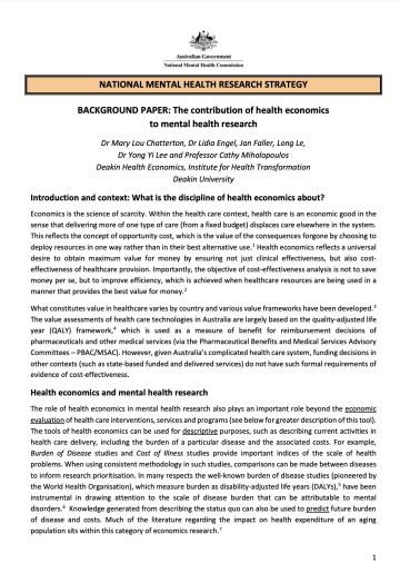 NATIONAL MENTAL HEALTH RESEARCH STRATEGY, BACKGROUND PAPER: The contribution of health economics to mental health research