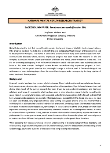NATIONAL MENTAL HEALTH RESEARCH STRATEGY  BACKGROUND PAPER: Treatment research (Session 1B)