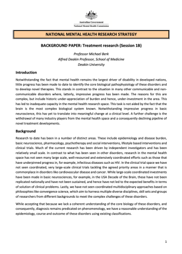 NATIONAL MENTAL HEALTH RESEARCH STRATEGY  BACKGROUND PAPER: Treatment research (Session 1B)