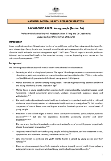 NATIONAL MENTAL HEALTH RESEARCH STRATEGY  BACKGROUND PAPER: Young people (Session 5A)