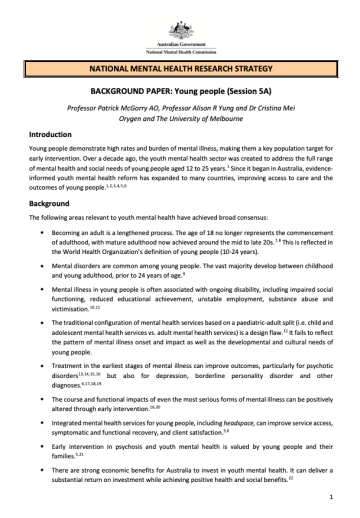 NATIONAL MENTAL HEALTH RESEARCH STRATEGY  BACKGROUND PAPER: Young people (Session 5A)