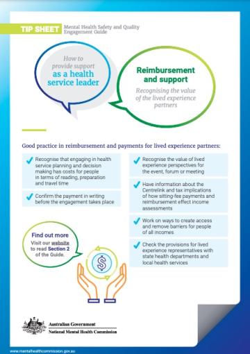 Tip Sheet, Mental Health Safety and Quality Engagement Guide, Reimbursement and support