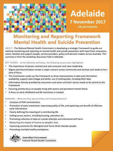 Monitoring and Reporting Framework, Mental Health and Suicide Prevention, Adelaide