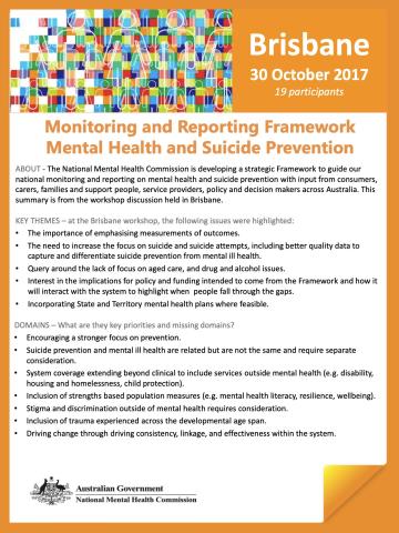 Monitoring and Reporting Framework, Mental Health and Suicide Prevention, Brisbane