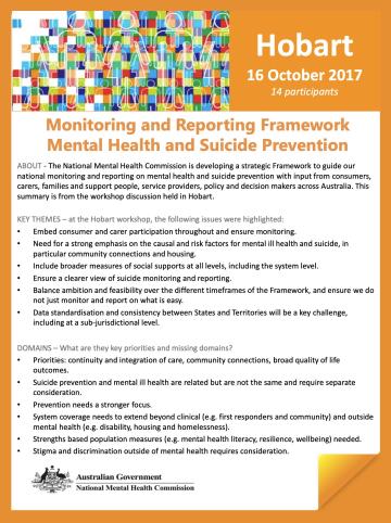 Monitoring and Reporting Framework, Mental Health and Suicide Prevention, Hobart