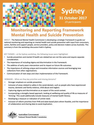 Monitoring and Reporting Framework, Mental Health and Suicide Prevention, Sydney