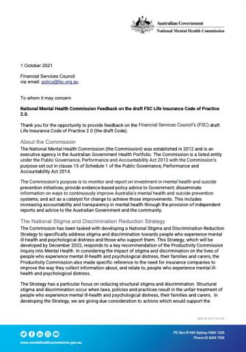 National Mental Health Commission Feedback on the draft FSC Life Insurance Code of Practic 2.0.