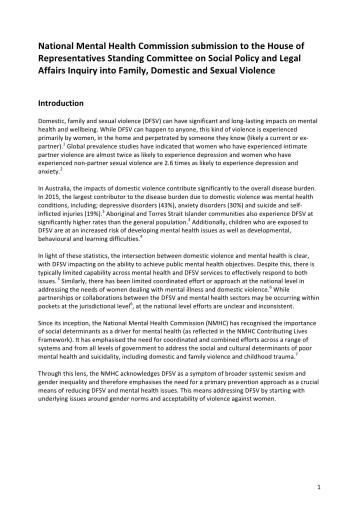 National Mental Health Commission submission to the House of Representatives Standing Committee on Social Policy and Legal Affairs Inquiry into Family, Domestic and Sexual Violence