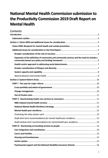 National Mental Health Commission submission to the Productivity Commission 2019 Draft Report on Mental Health