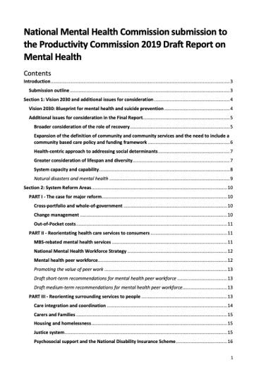 National Mental Health Commission submission to the Productivity Commission 2019 Draft Report on Mental Health