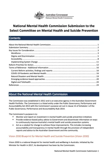 National Mental Health Commission Submission to the Select Committee on Mental Health and Suicide Prevention
