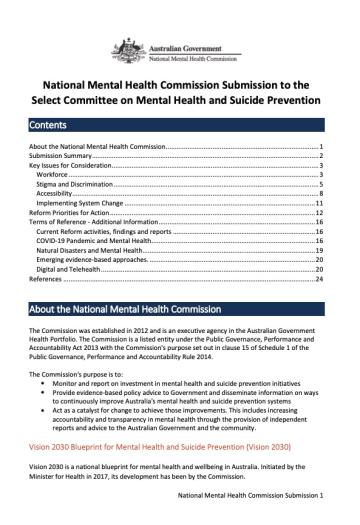 National Mental Health Commission Submission to the Select Committee on Mental Health and Suicide Prevention