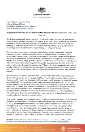 Response to Submissions: Review of the role of the Appointed Actuary and actuarlal advice within insurers.