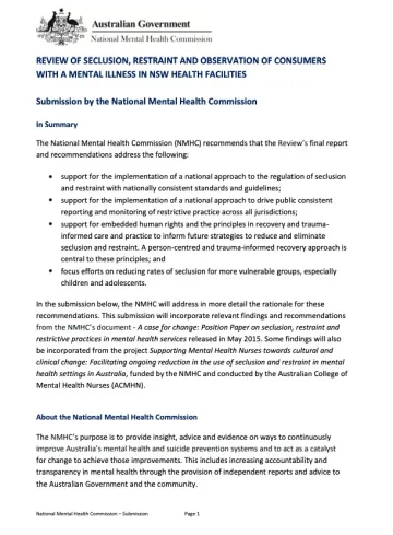 REVIEW OF SECLUSION, RESTRAINT AND OBSERVATION OF CONSUMERS WITH A MENTAL ILLNESS IN NSW HEALTH FACILITIES