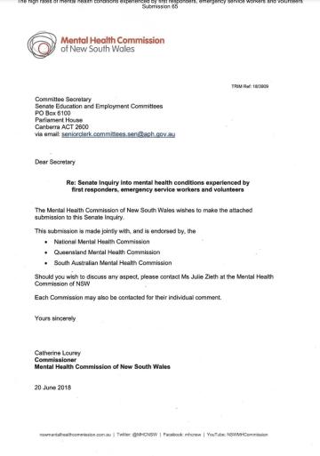 Re: Senate Inquiry into mental health conditions experienced by first responders, emergency service workers and volunteers