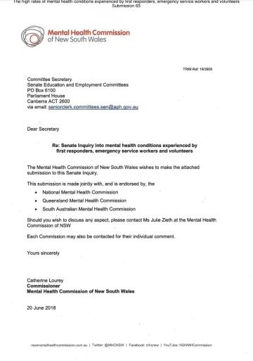 Re: Senate Inquiry into mental health conditions experienced by first responders, emergency service workers and volunteers