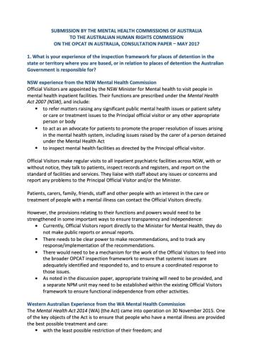 SUBMISSION BY THE MENTAL HEALTH COMMISSIONS OF AUSTRALIA TO THE AUSTRALIAN HUMAN RIGHTS COMMISSION, ON THE OPCAT IN AUSTRALIA, CONSULTATION PAPER - MAY 2017