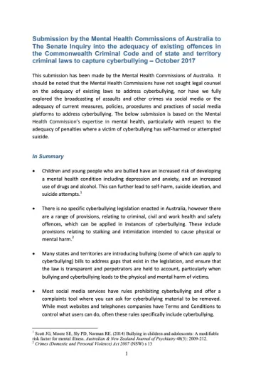 Submission by the Mental Health Commissions of Australia to The Senate Inquiry into the adequacy of existing offences in the Commonwealth Criminal Code and of state and territory criminal laws to capture cyberbullying - October 2017