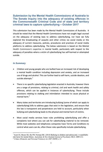 Submission by the Mental Health Commissions of Australia to The Senate Inquiry into the adequacy of existing offences in the Commonwealth Criminal Code and of state and territory criminal laws to capture cyberbullying - October 2017