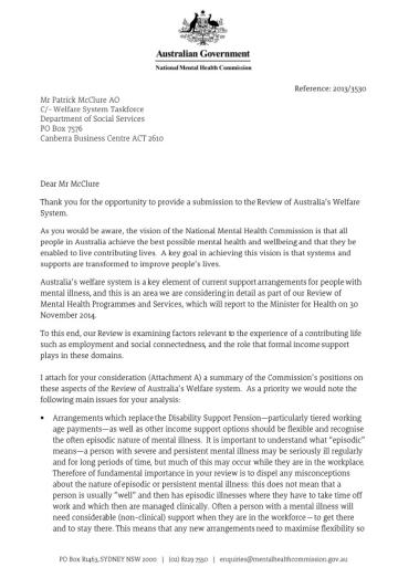 Submission to Review of Australia’s Welfare System McClure Report 2014