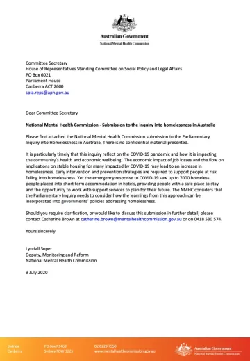 National Mental Health Commission - Submission to the Inquiry into homelessness in Australia