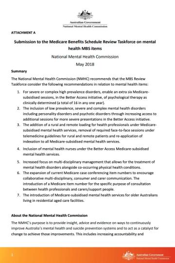Submission to the Medicare Benefits Schedule Review Taskforce on mental health MBS items