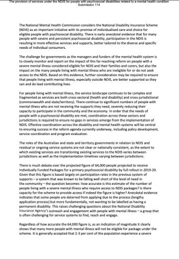 Submission to the provision of services under the NDIS for people with psychosocial disabilities related to a mental health condition