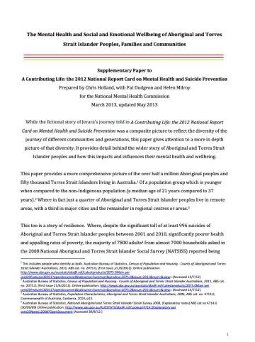 Supplementary Paper to A Contributing Life: the 2012 National Report Card on Mental Health and Suicide Prevention